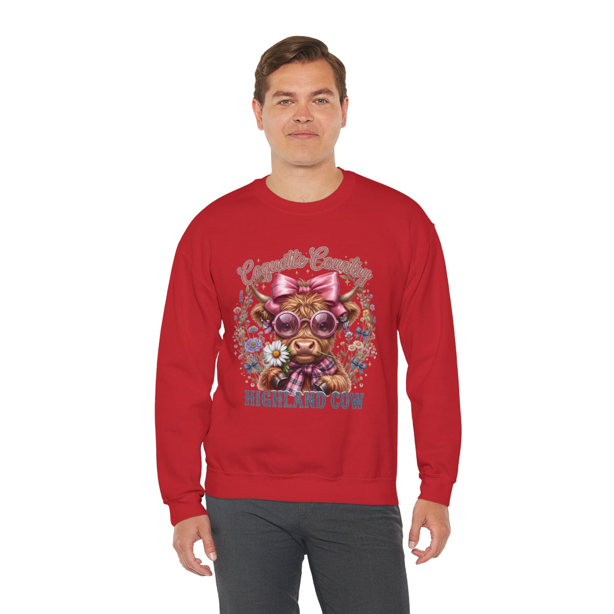Sweatshirt mit Hochlandrind, rosa Schleife und Sonnenbrille