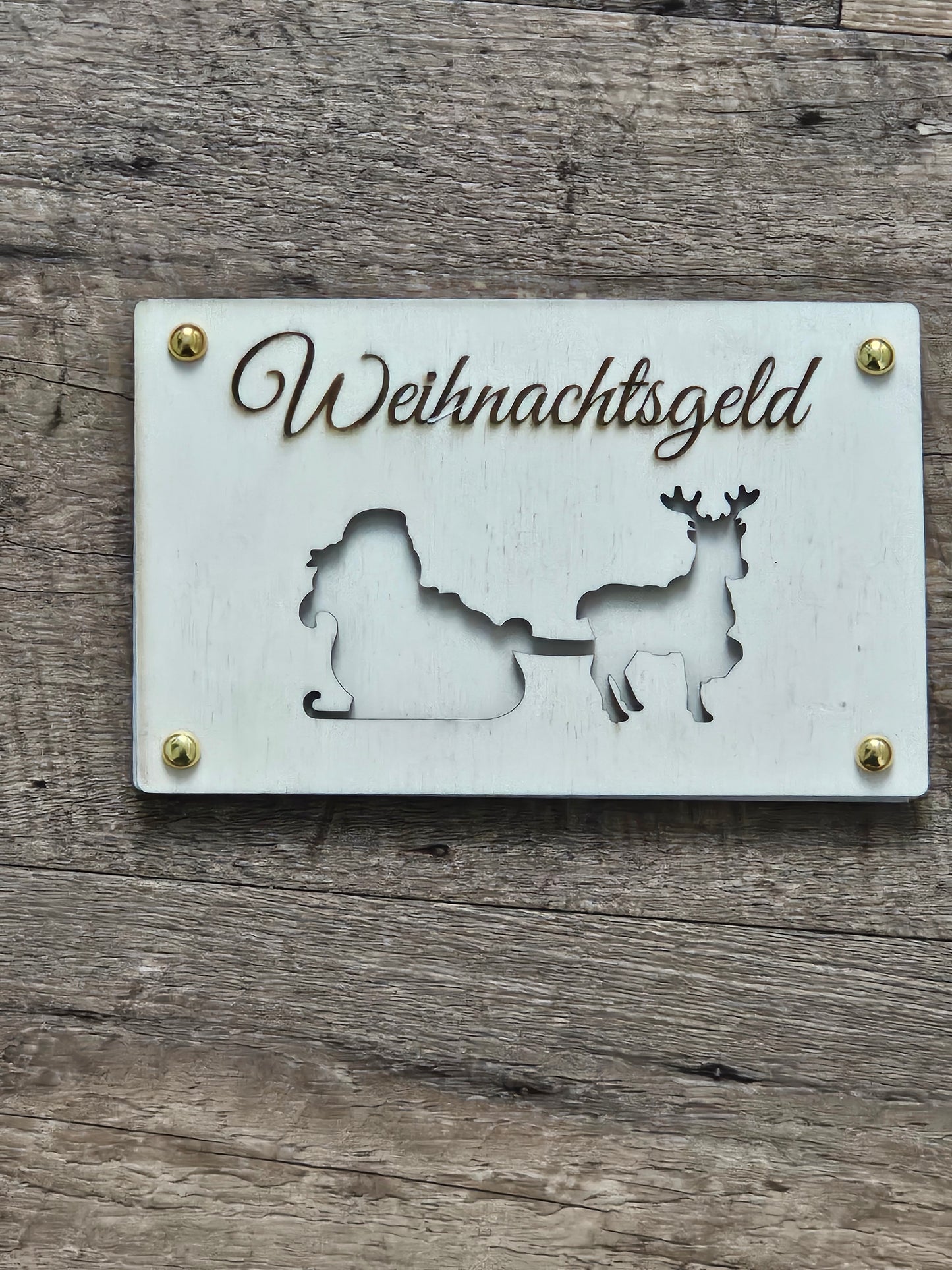 Lasergravierte Weihnachtsgeld-Holzkarte – Rentierschlitten-Design