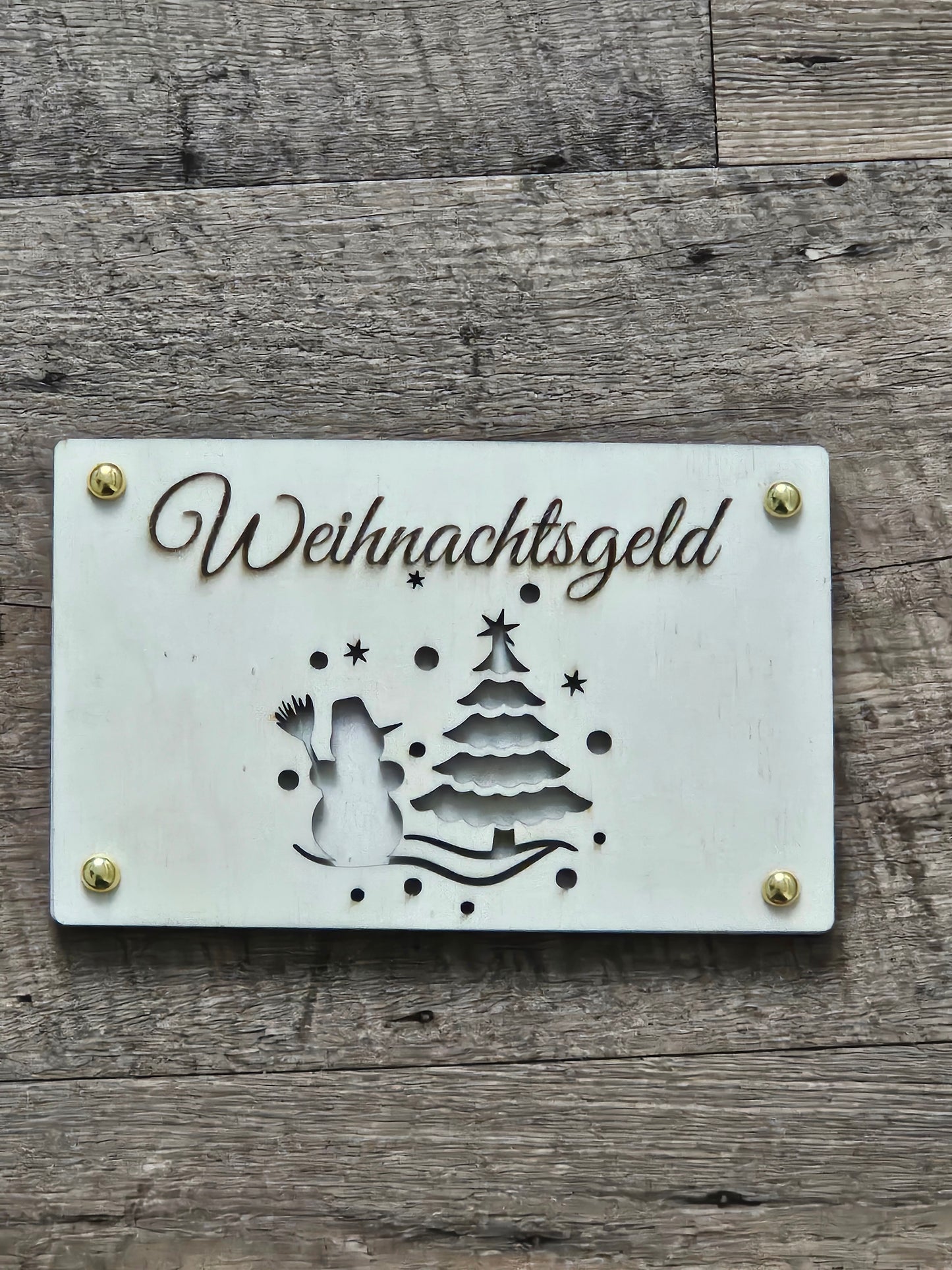 Weihnachtsgeld-Holzkarte – Schneemann & Tannenbaum-Design