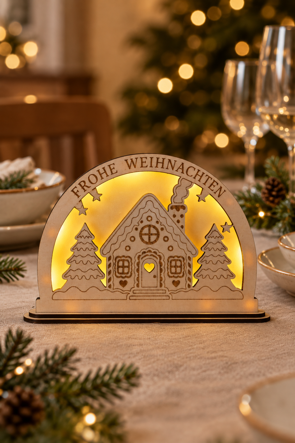 Weihnachtslampe mit Lebkuchenhaus auf einer festlich gedeckten Weihnachtstafel