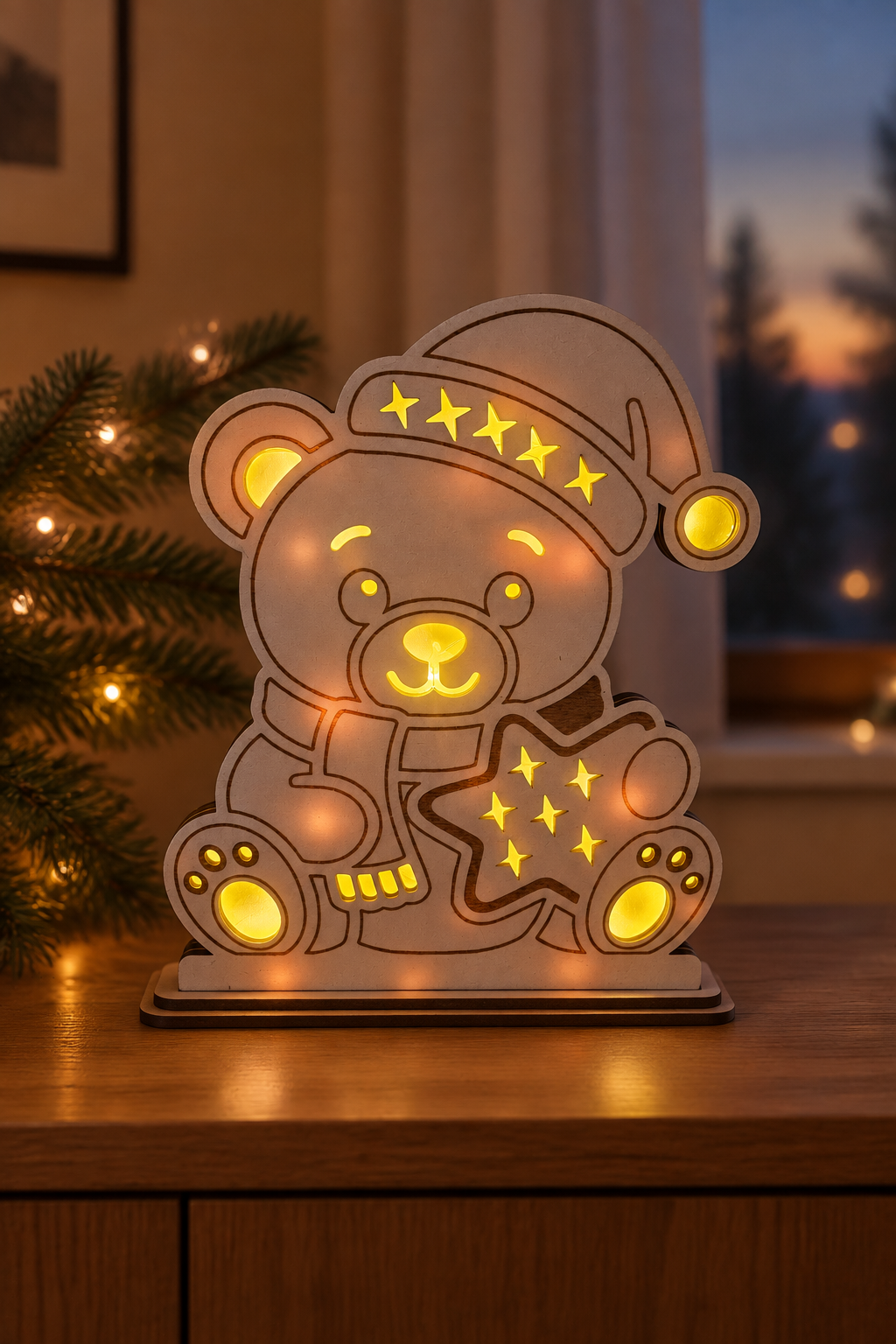 Weihnachtslampe mit Teddy auf einem Sideboard im Wohnzimmer