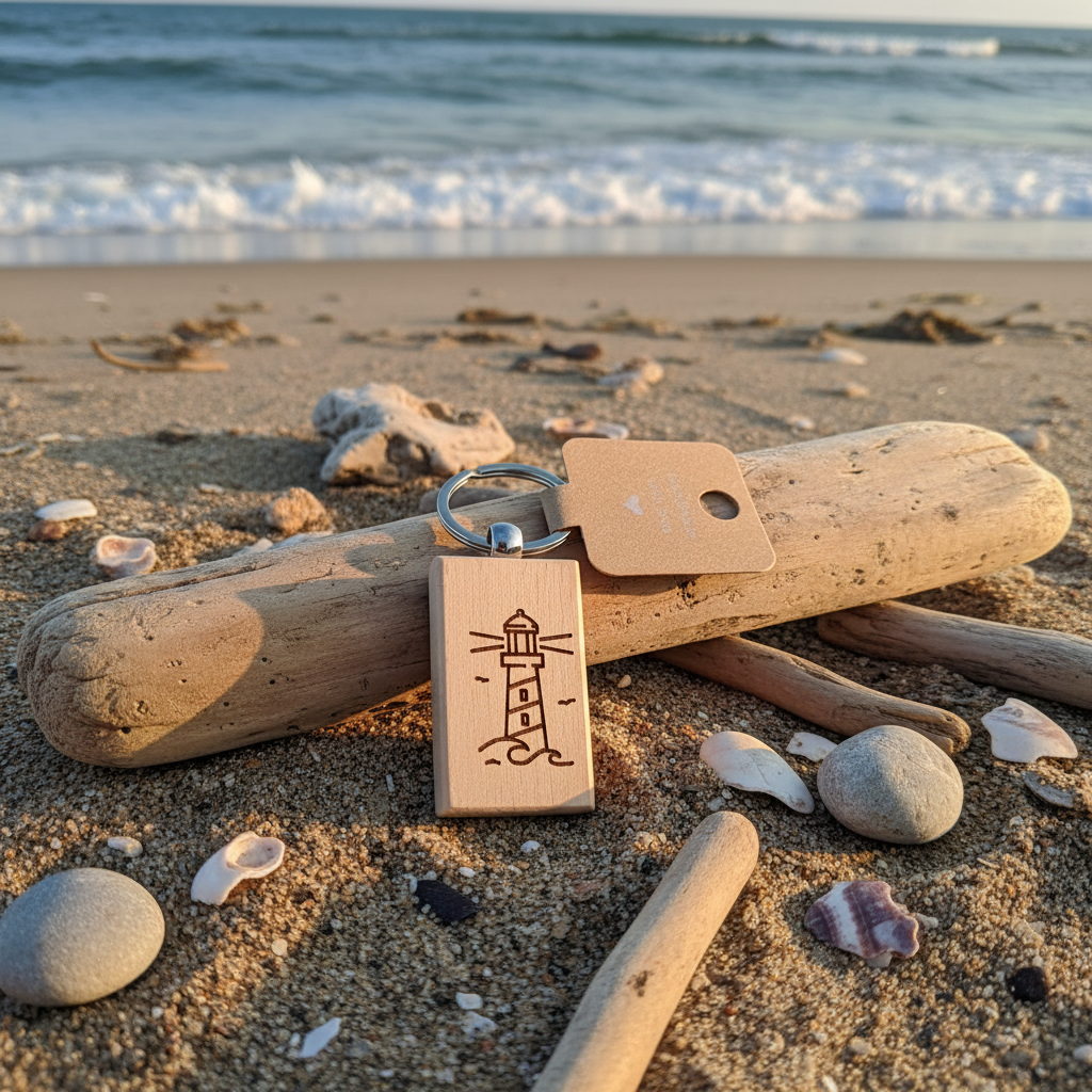 Leuchtturm-Schlüsselanhänger auf Sandstrand mit Treibholz und Kieselsteinen