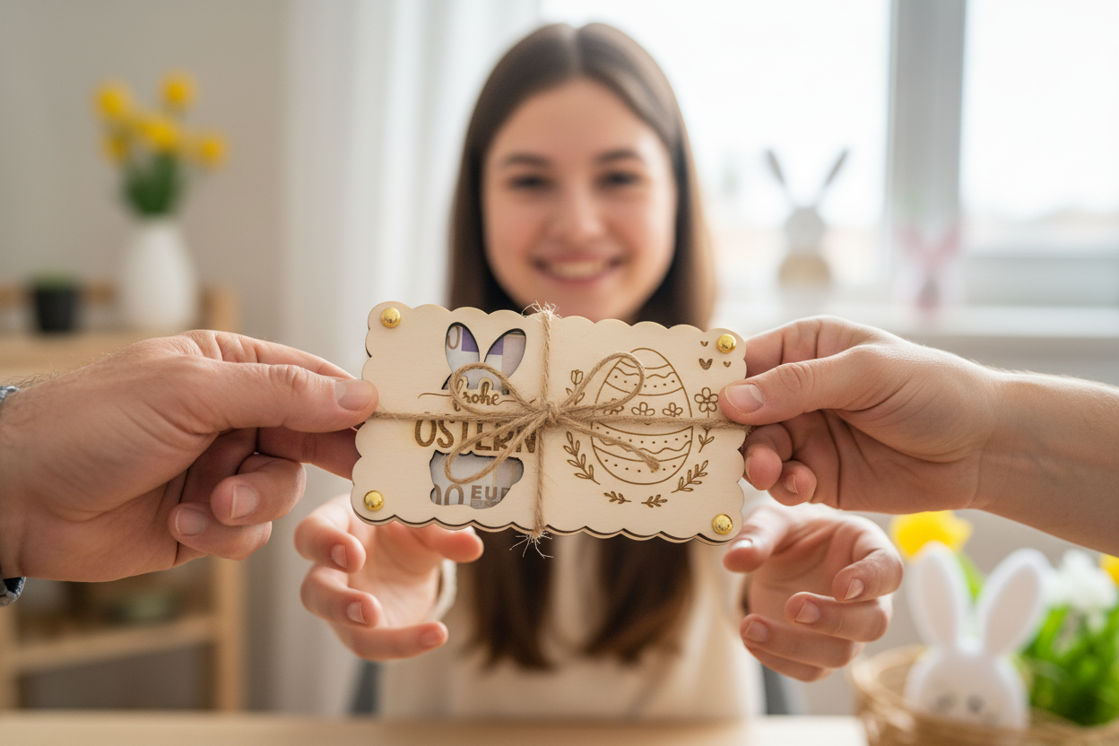 Holzkarte Ostern mit Hase wird als Geschenk übergeben