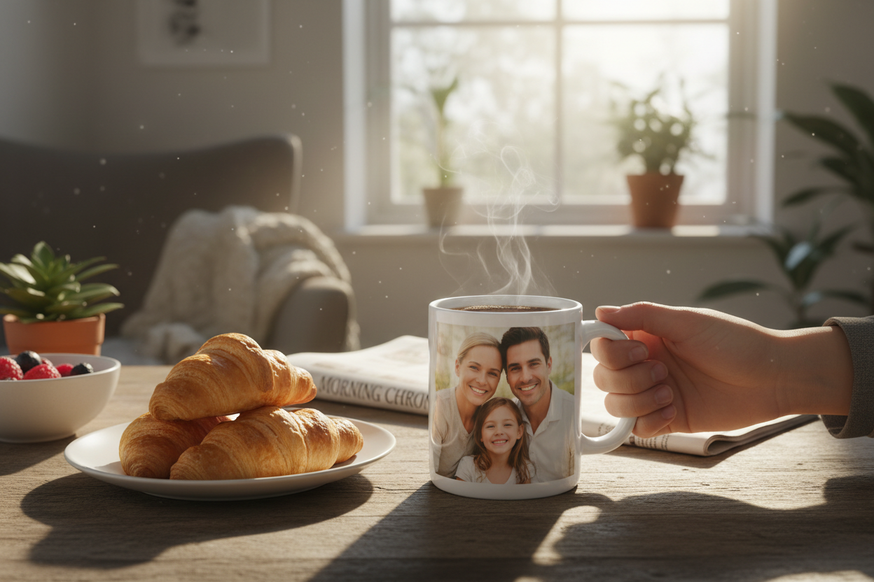 Fototasse beim Frühstück