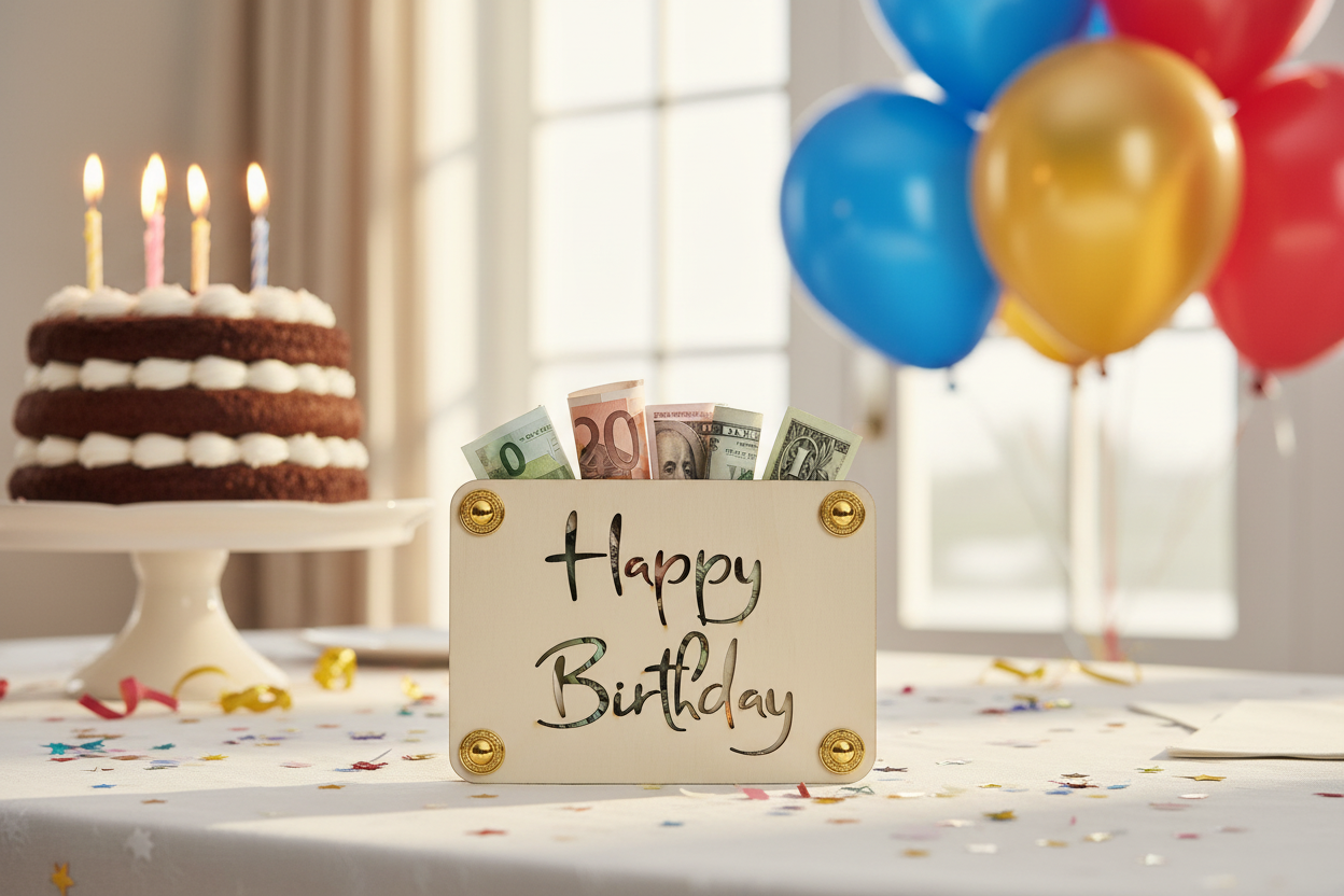 Holzkarte Happy Birthday auf Geburtstagstisch mit Torte und Ballons