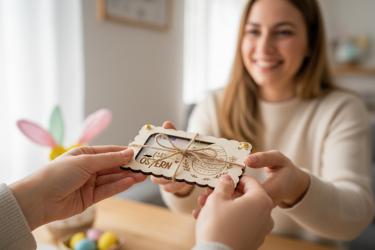 Holzkarte Ostern wird als Geschenk übergeben