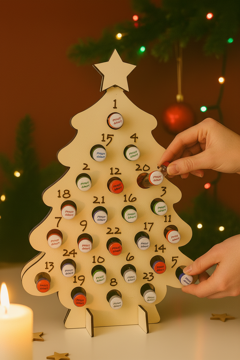 Holz-Adventskalender Weihnachtsbaum Close-up mit HĂ€nden die eine Flasche einsetzen
