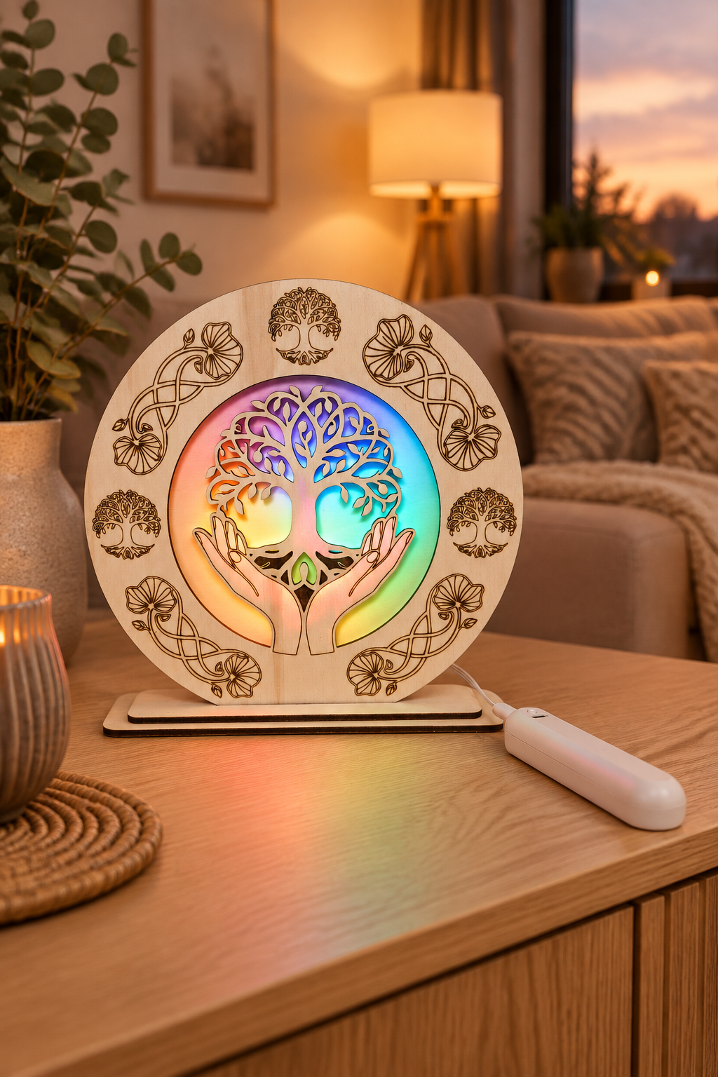 LED-Lampe mit Lebensbaum-Motiv und RGB-Beleuchtung in einem gemütlichen modernen Wohnzimmer