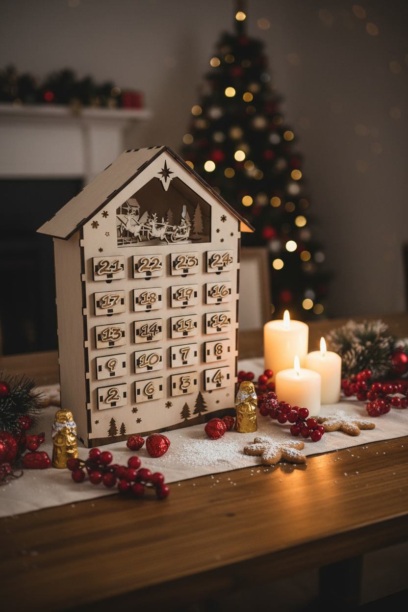 Adventskalender Holzhaus mit Schokoladen und Weihnachtsdeko
