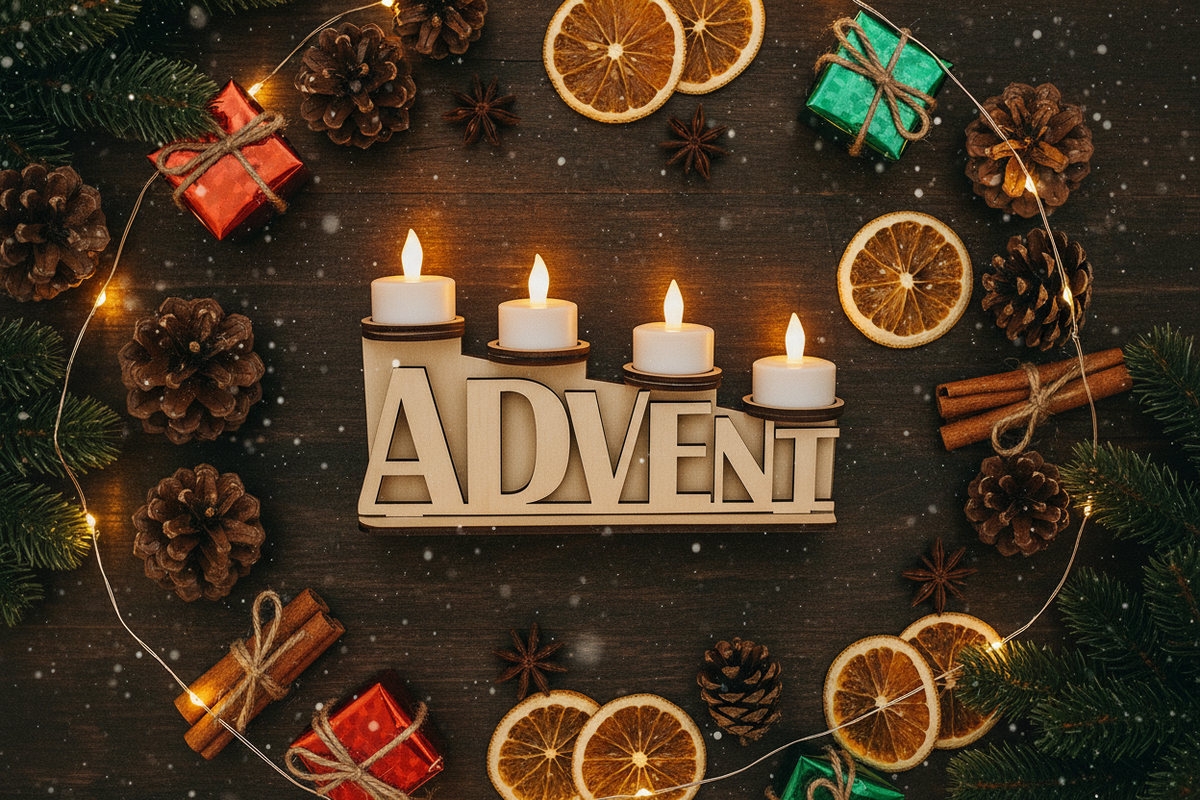 Holz Advent Schriftzug Flat Lay mit Weihnachtsdekoration von oben