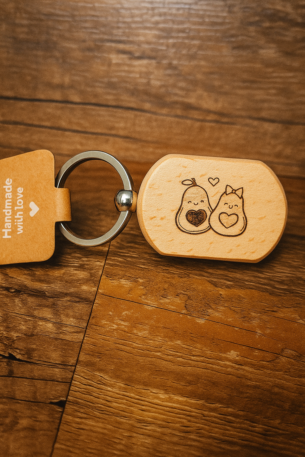 Schlüsselanhänger Avocado-Pärchen – Holz & Metall – Liebevoll graviert – Geschenk für Paare oder Freunde – 90 x 32 mm