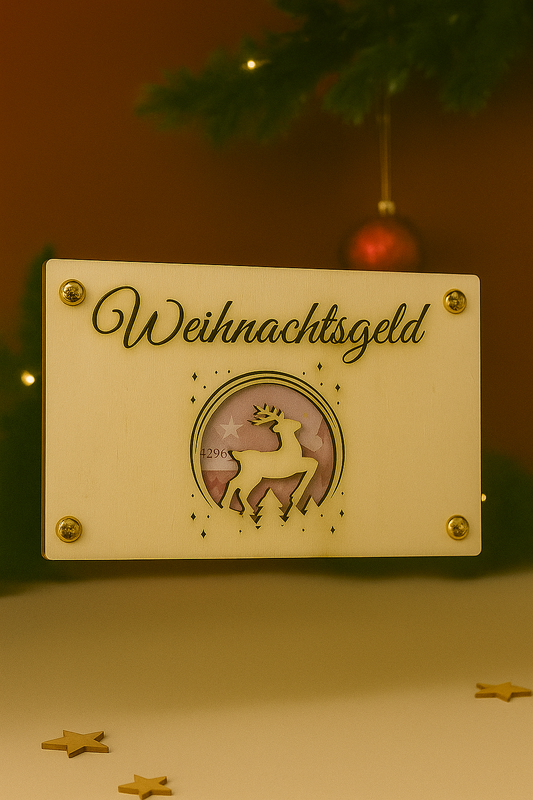 Weihnachtsgeld-Holzkarte mit Rentiermotiv – 15,5 x 10,5 cm