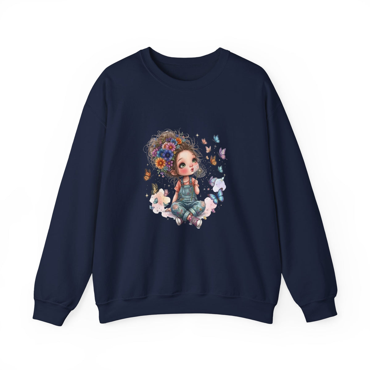 Sweatshirt mit Mädchen-Motiv, Blumen und Schmetterlingen