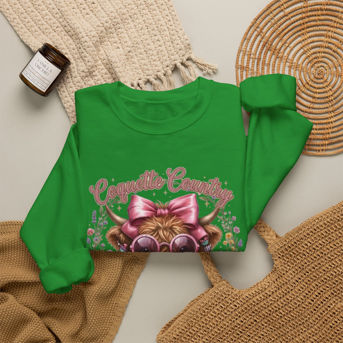 Sweatshirt mit Hochlandrind, rosa Schleife und Sonnenbrille