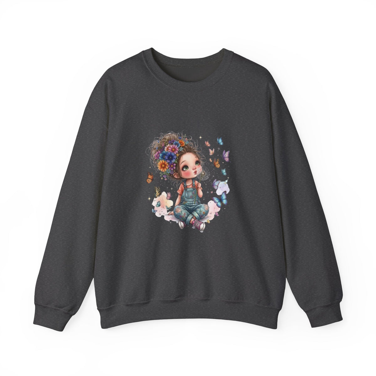 Sweatshirt mit Mädchen-Motiv, Blumen und Schmetterlingen