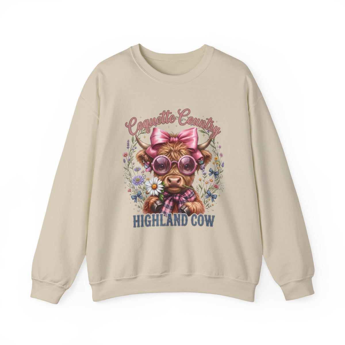 Sweatshirt mit Hochlandrind, rosa Schleife und Sonnenbrille