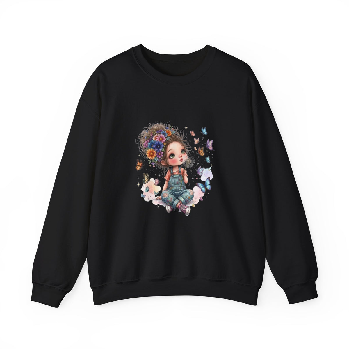 Sweatshirt mit Mädchen-Motiv, Blumen und Schmetterlingen