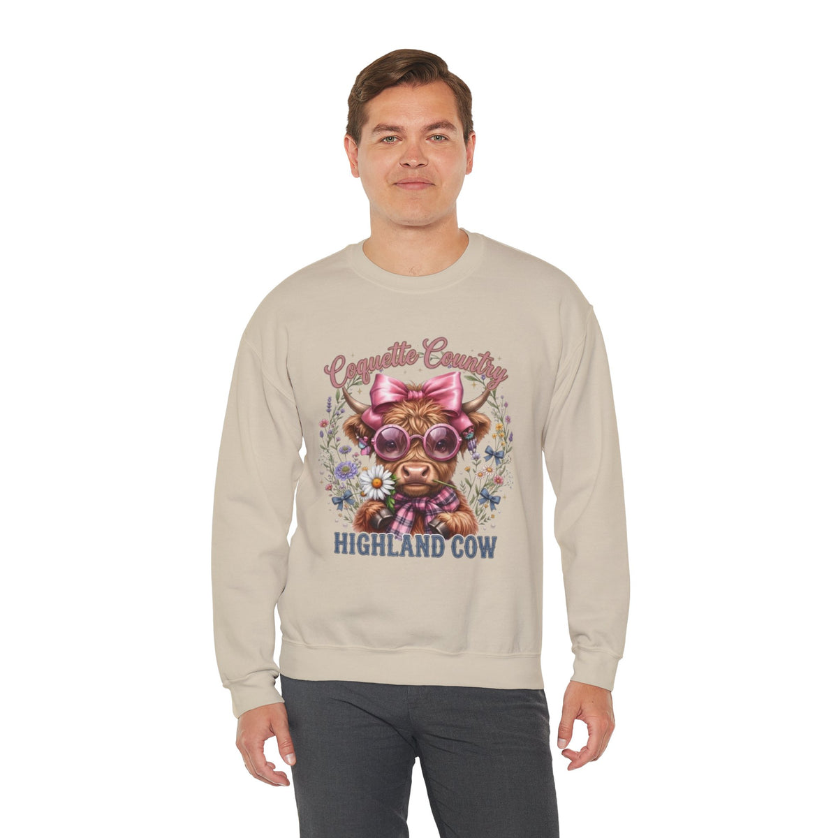 Sweatshirt mit Hochlandrind, rosa Schleife und Sonnenbrille