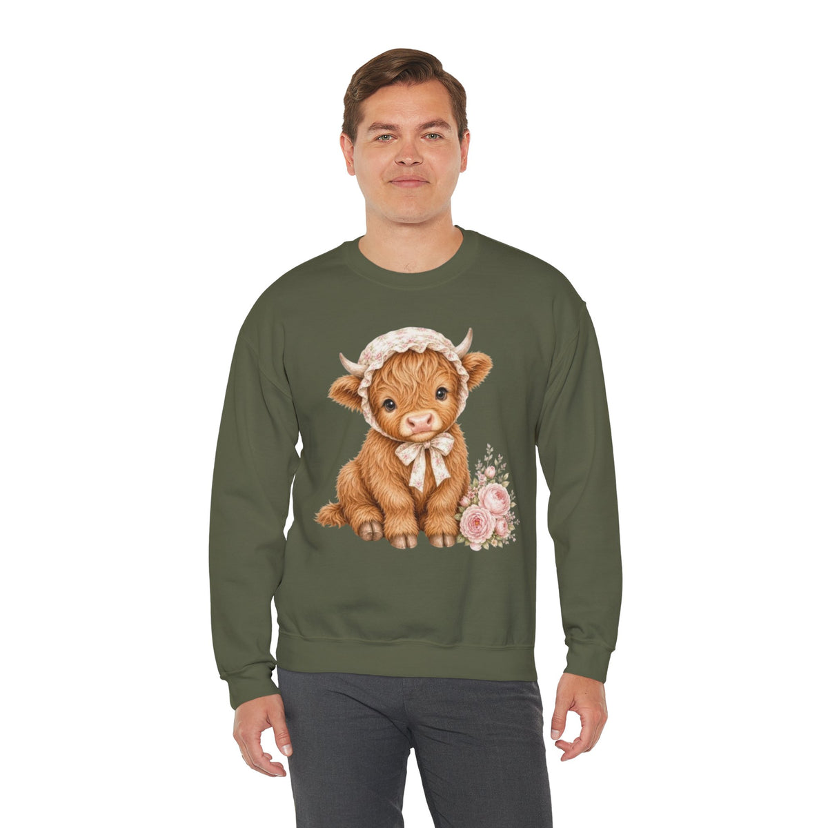 Sweatshirt mit Hochlandkalb und rosa Blumen