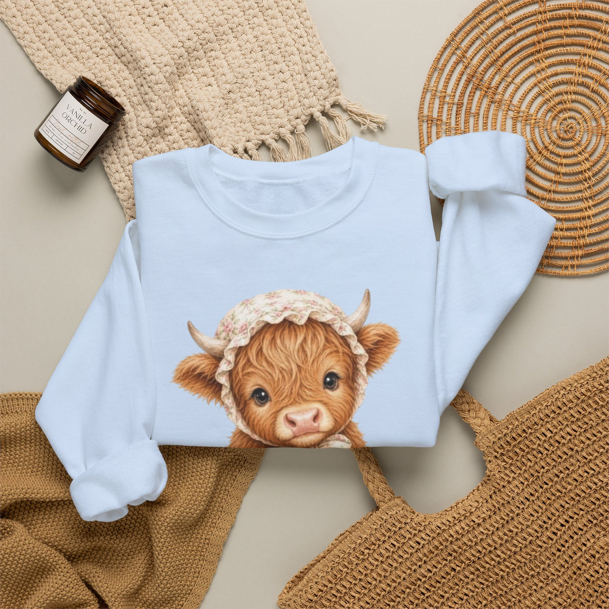Sweatshirt mit Hochlandkalb und rosa Blumen