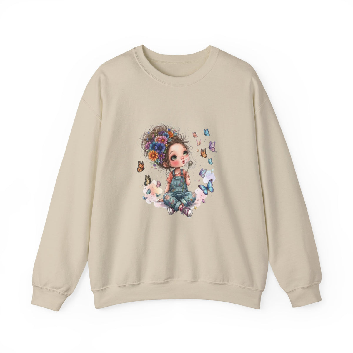 Sweatshirt mit Mädchen-Motiv, Blumen und Schmetterlingen