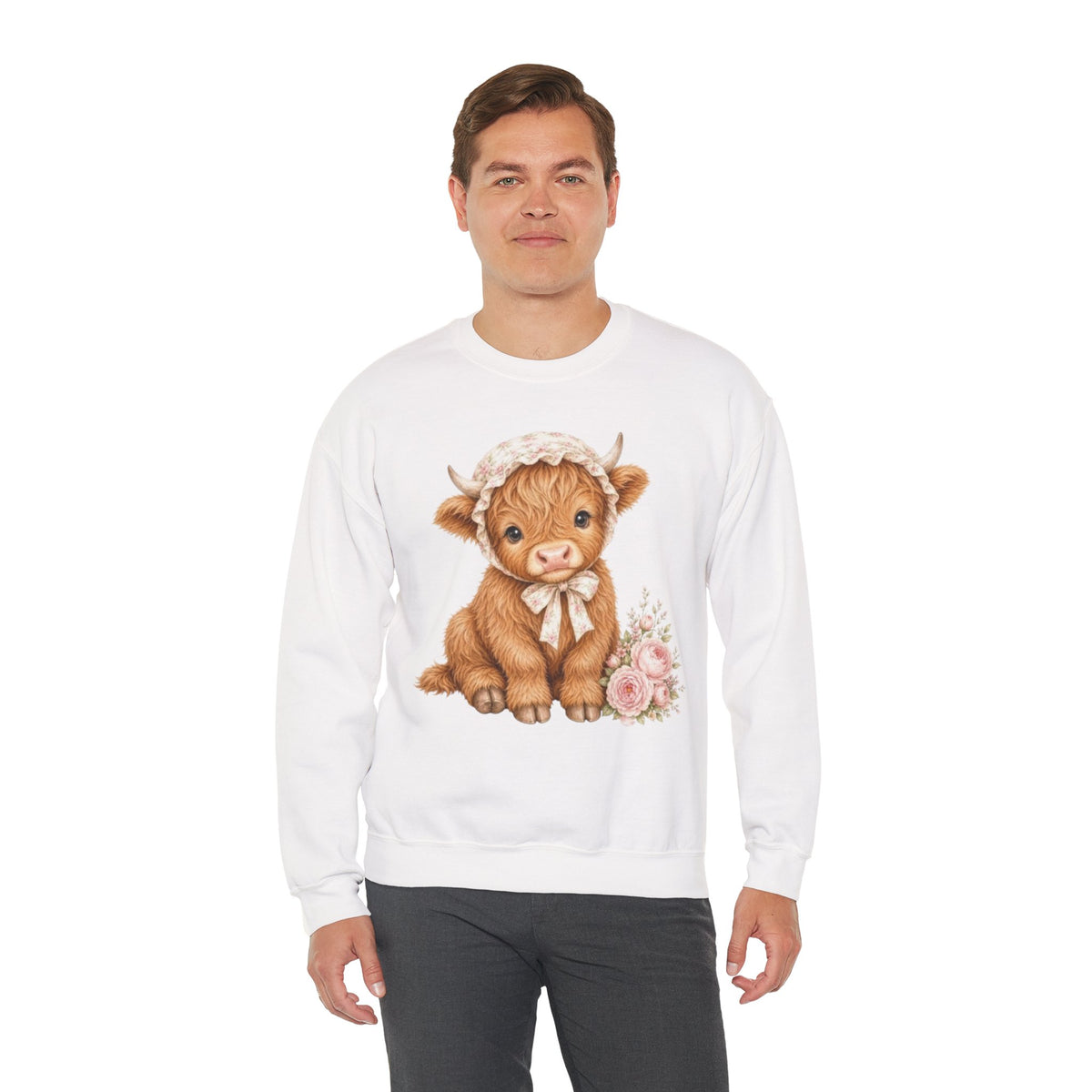 Sweatshirt mit Hochlandkalb und rosa Blumen