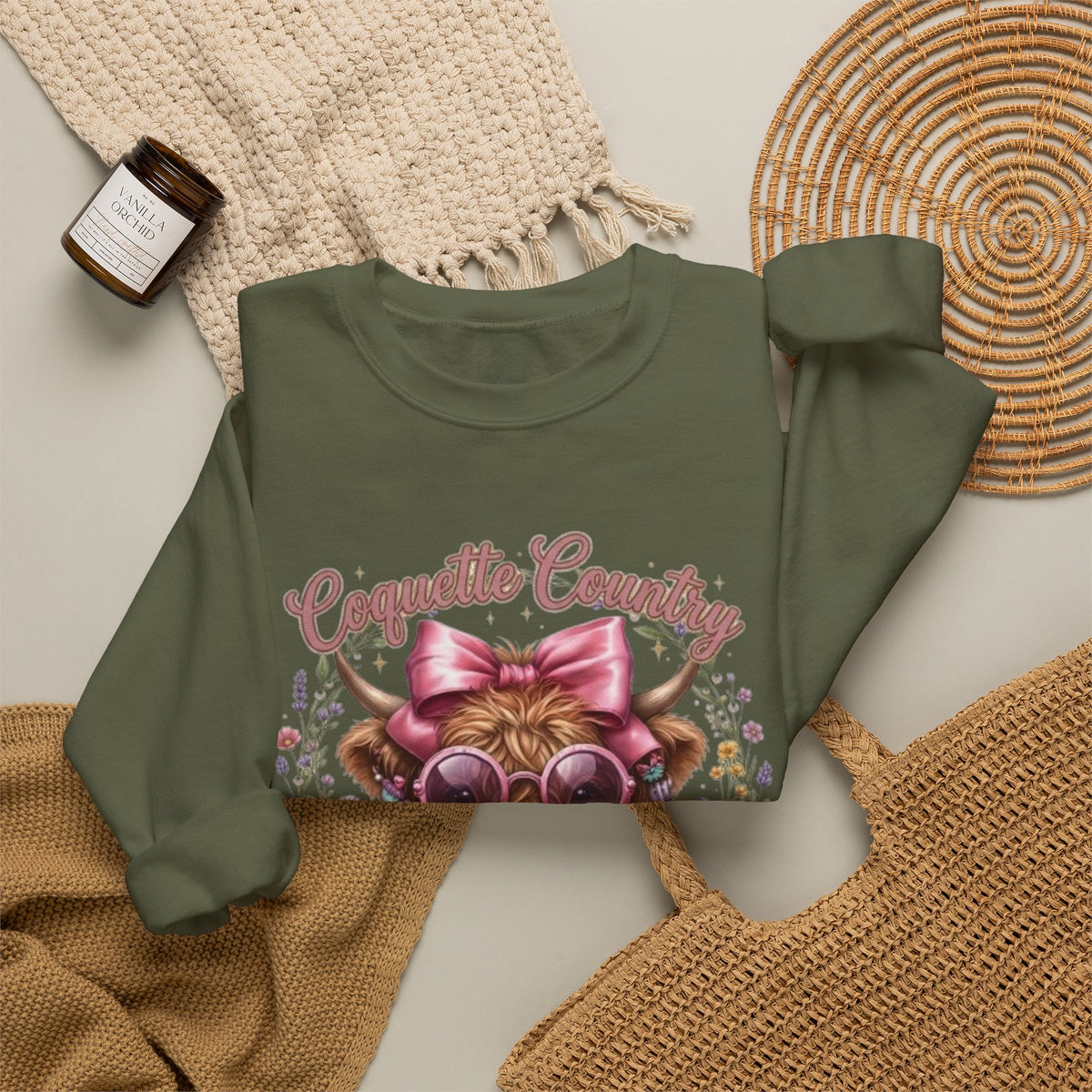 Sweatshirt mit Hochlandrind, rosa Schleife und Sonnenbrille