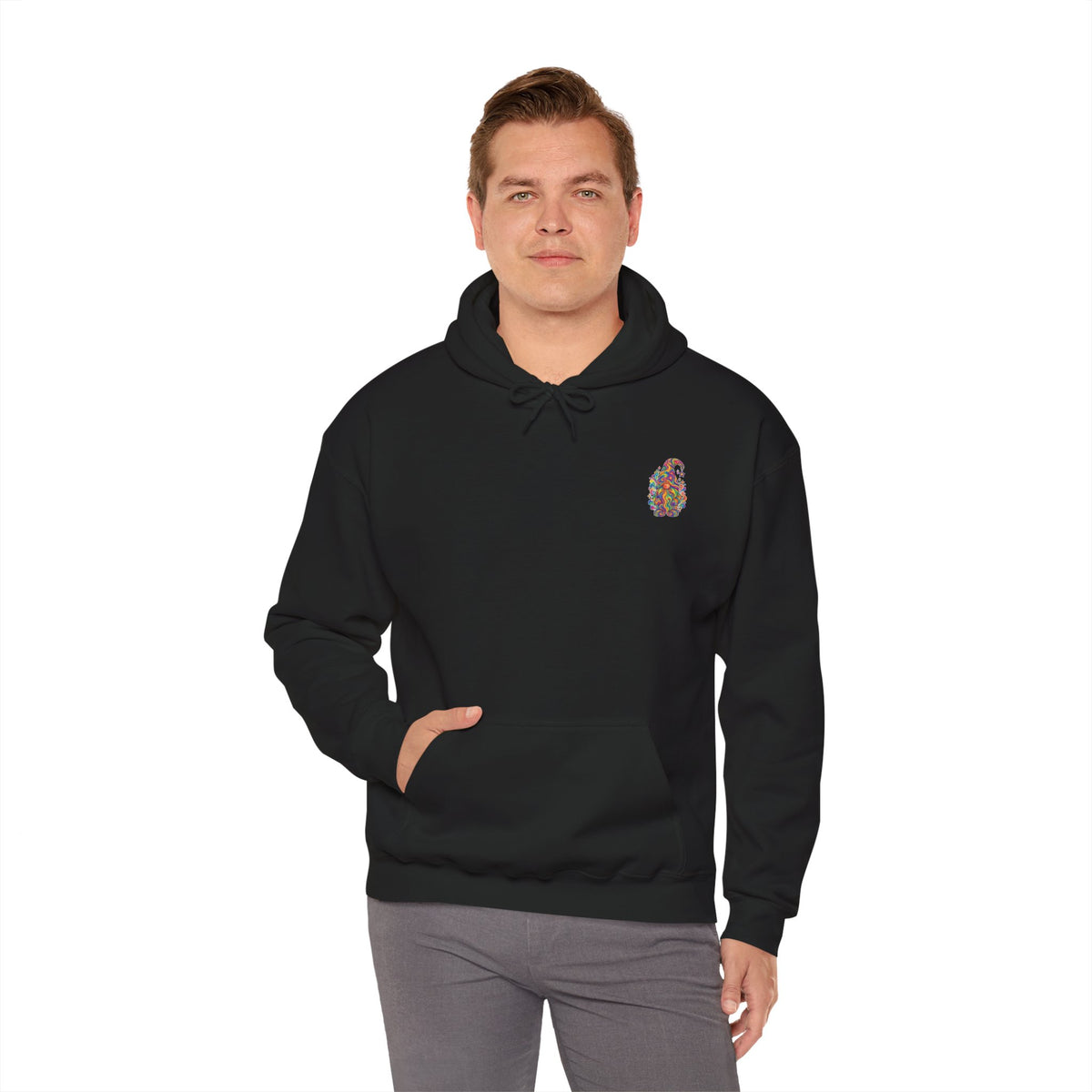 Hoodie mit buntem psychedelischem Wichtel-Motiv