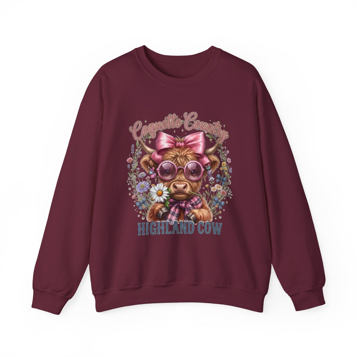 Sweatshirt mit Hochlandrind, rosa Schleife und Sonnenbrille