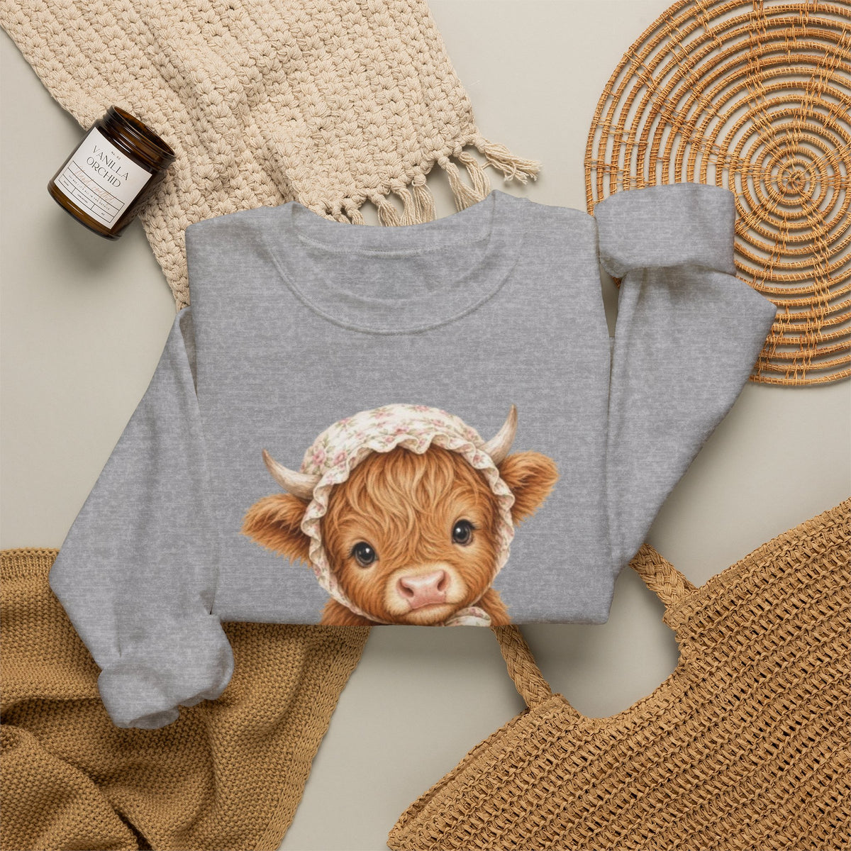 Sweatshirt mit Hochlandkalb und rosa Blumen