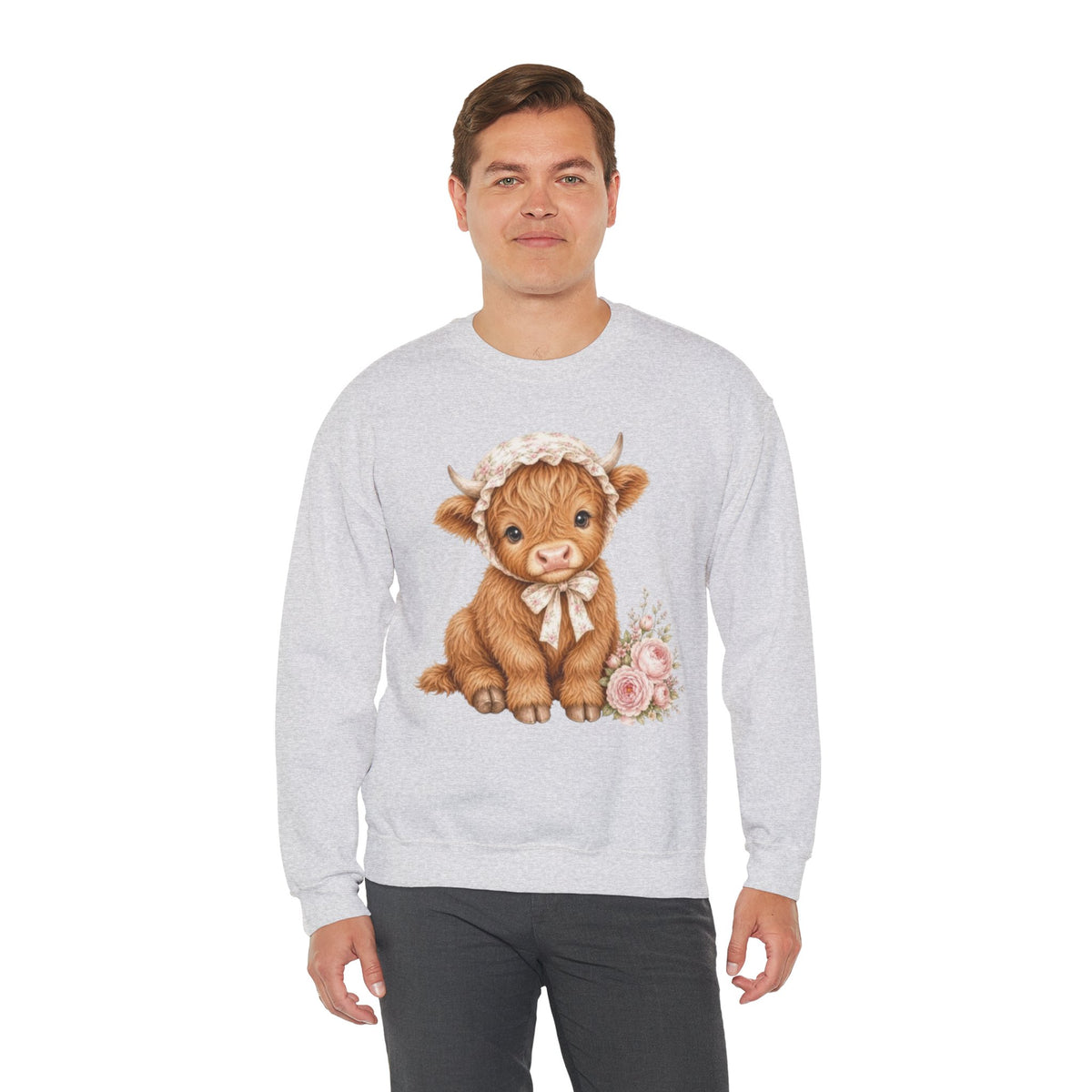 Sweatshirt mit Hochlandkalb und rosa Blumen
