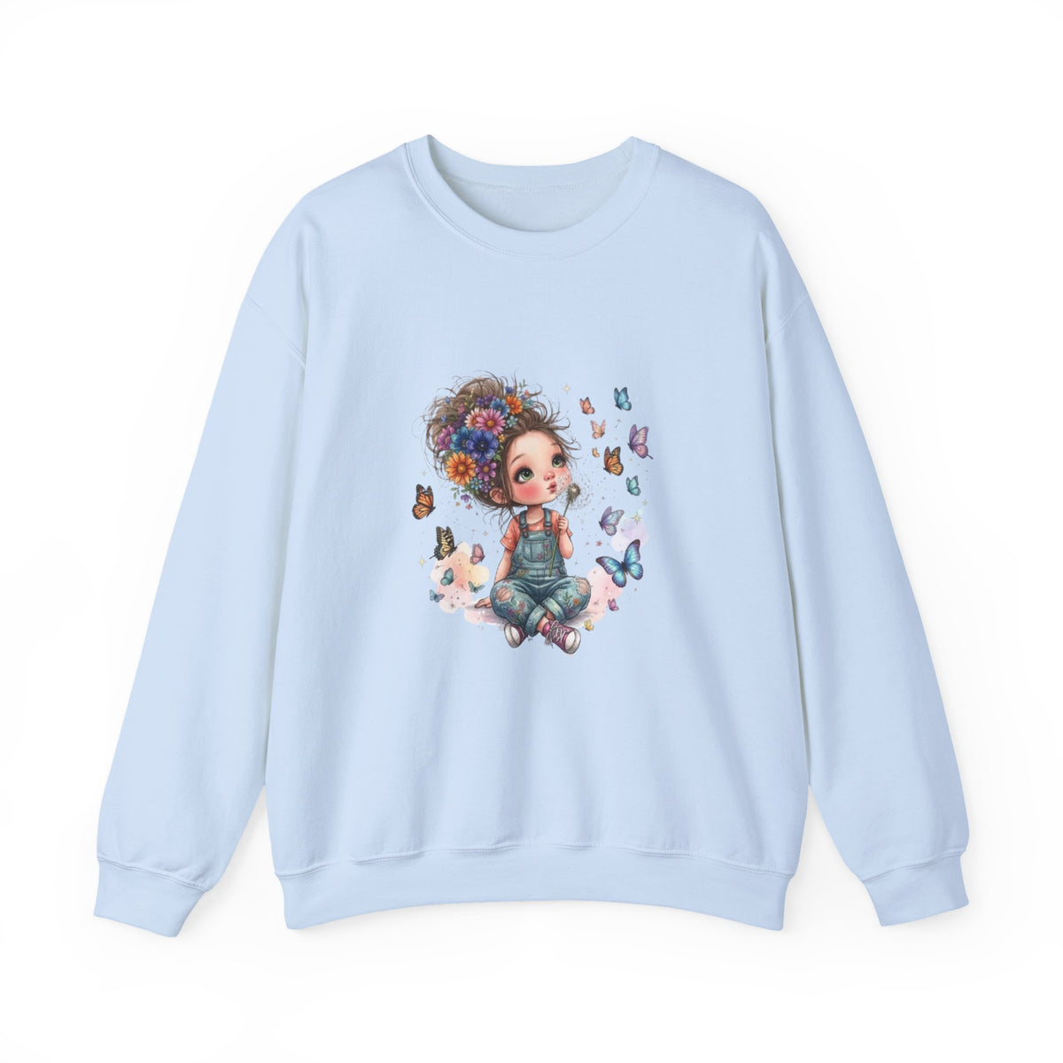 Sweatshirt mit Mädchen-Motiv, Blumen und Schmetterlingen