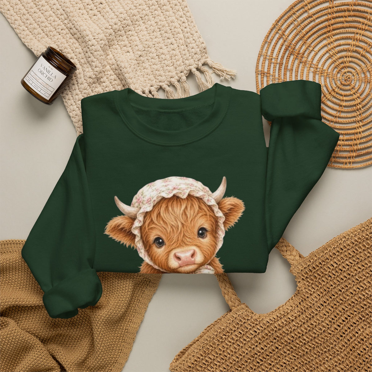 Sweatshirt mit Hochlandkalb und rosa Blumen
