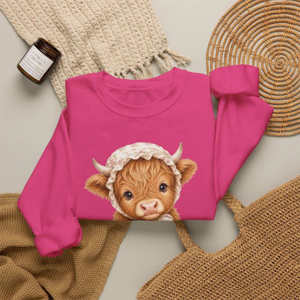 Sweatshirt mit Hochlandkalb und rosa Blumen