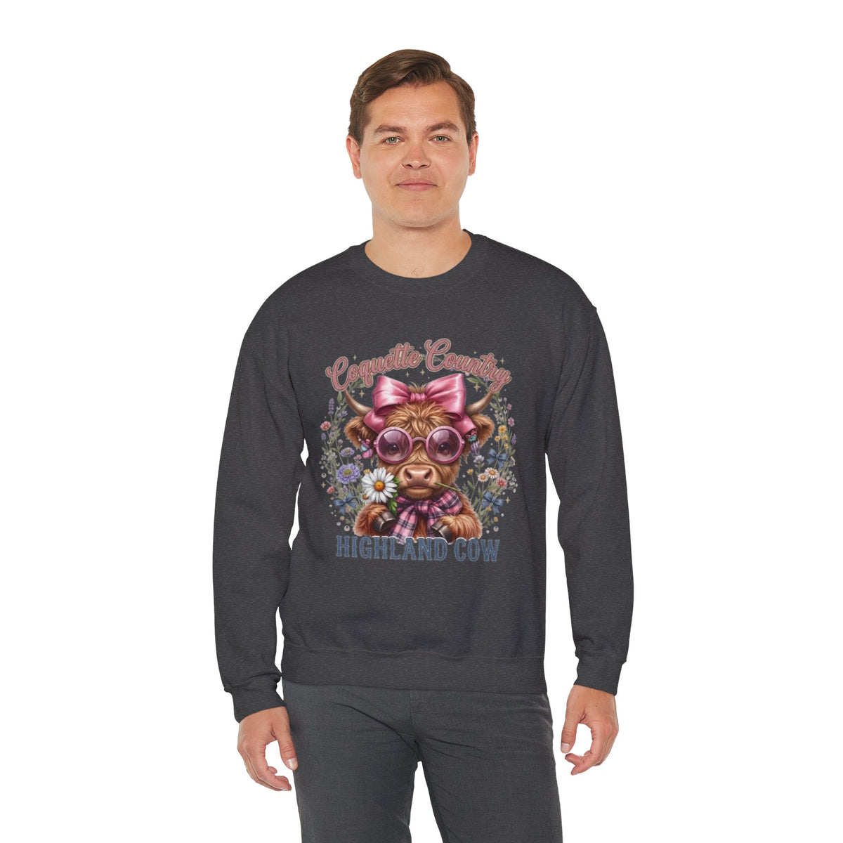 Sweatshirt mit Hochlandrind, rosa Schleife und Sonnenbrille
