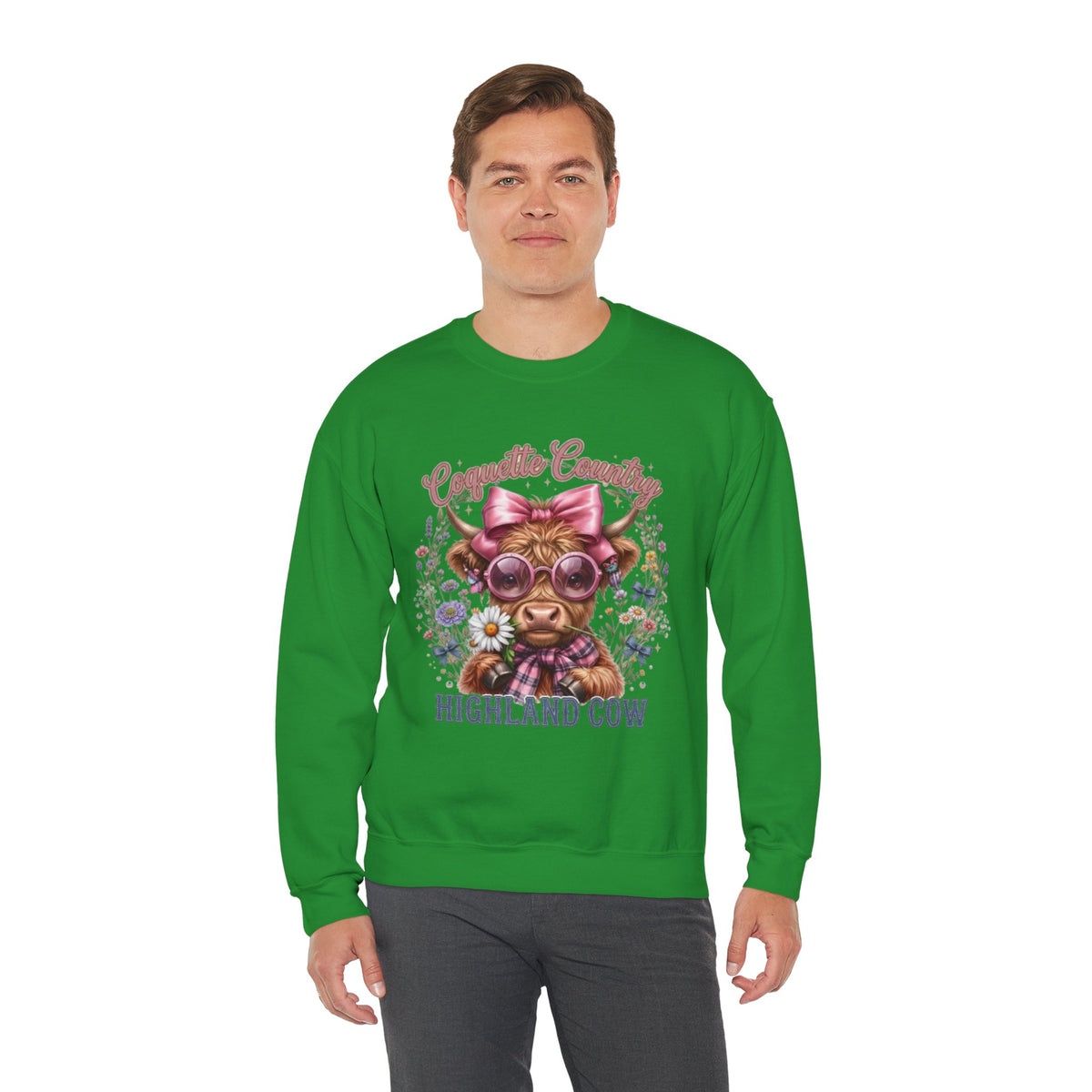 Sweatshirt mit Hochlandrind, rosa Schleife und Sonnenbrille