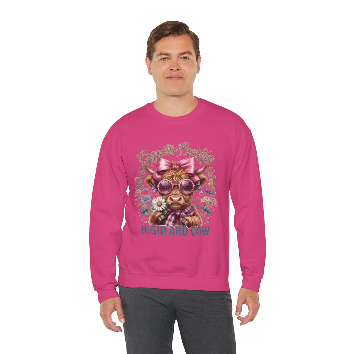 Sweatshirt mit Hochlandrind, rosa Schleife und Sonnenbrille