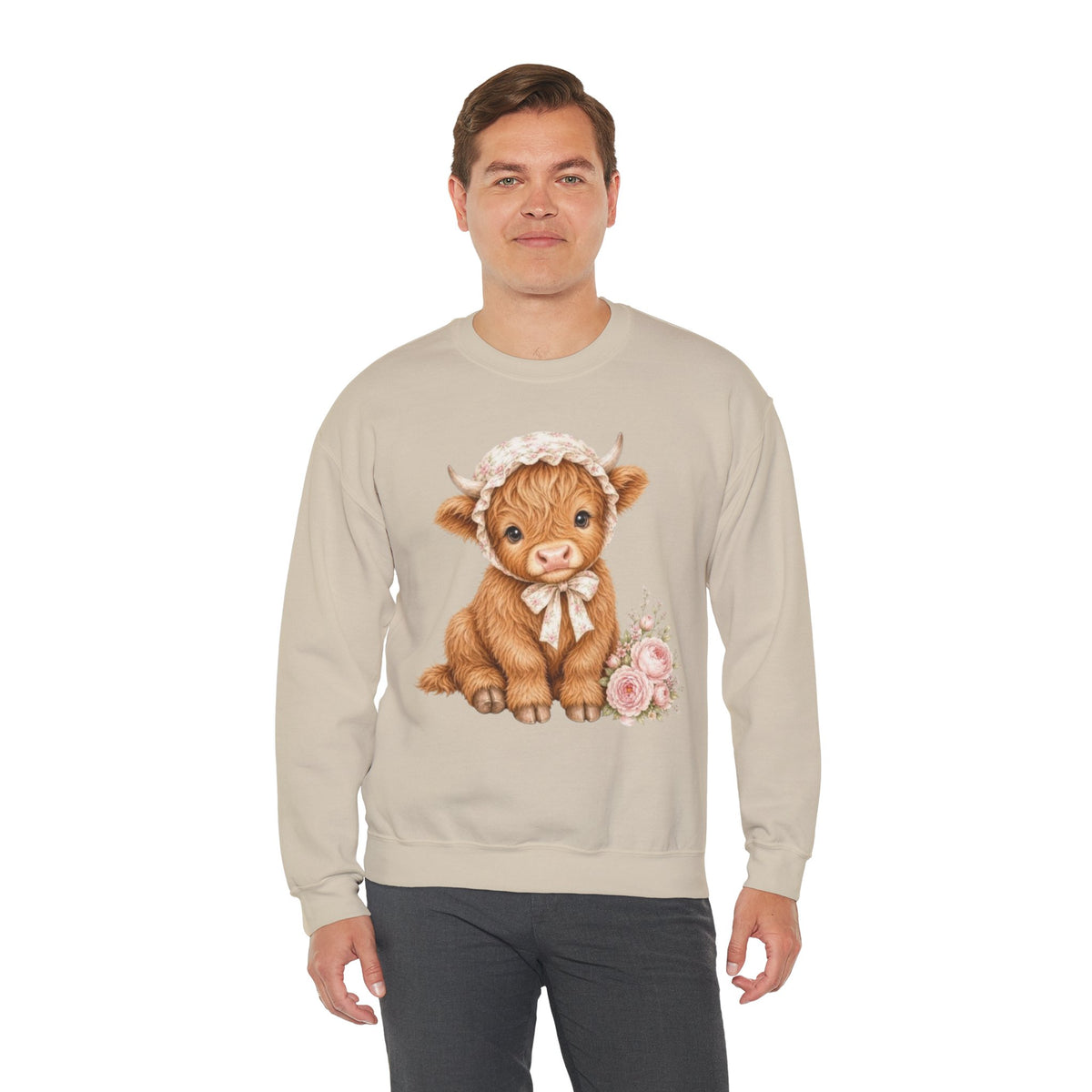 Sweatshirt mit Hochlandkalb und rosa Blumen