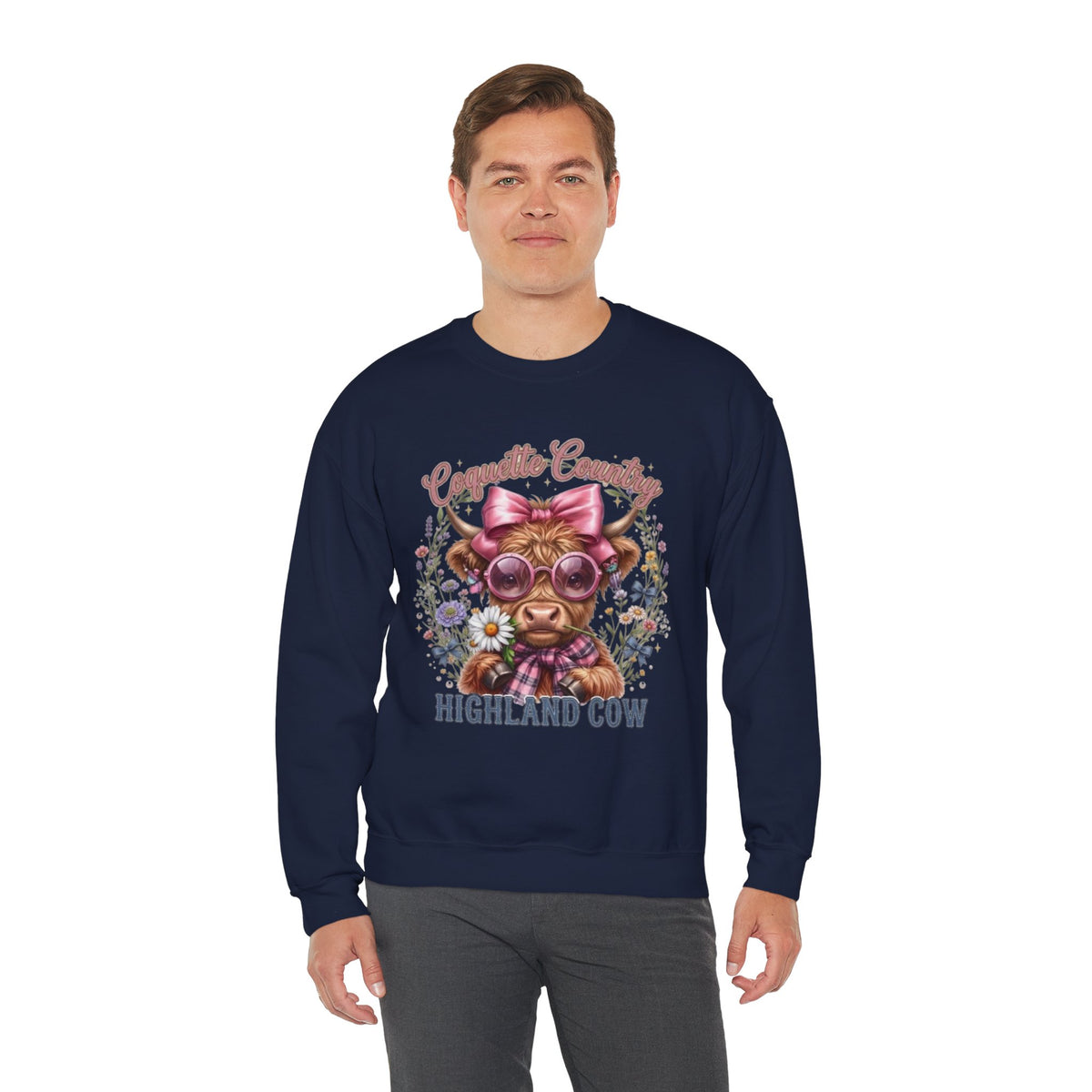 Sweatshirt mit Hochlandrind, rosa Schleife und Sonnenbrille