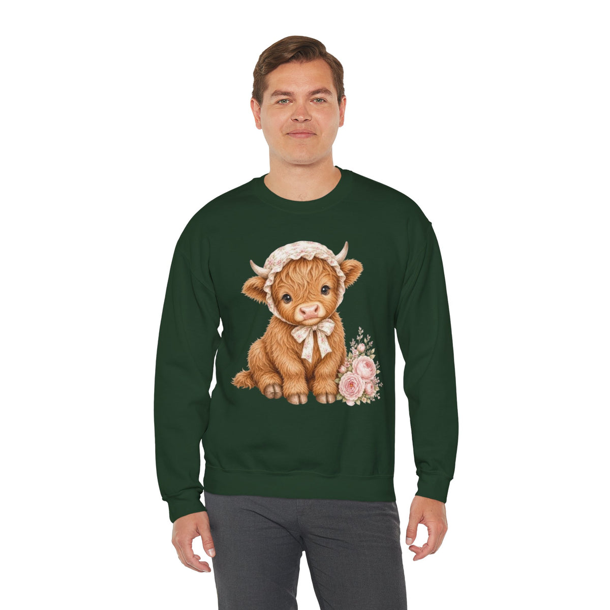 Sweatshirt mit Hochlandkalb und rosa Blumen