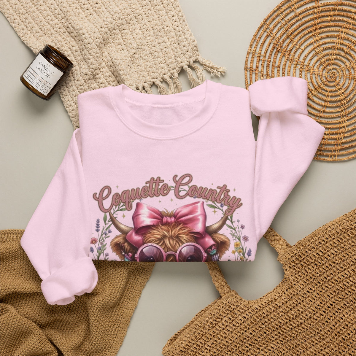 Sweatshirt mit Hochlandrind, rosa Schleife und Sonnenbrille
