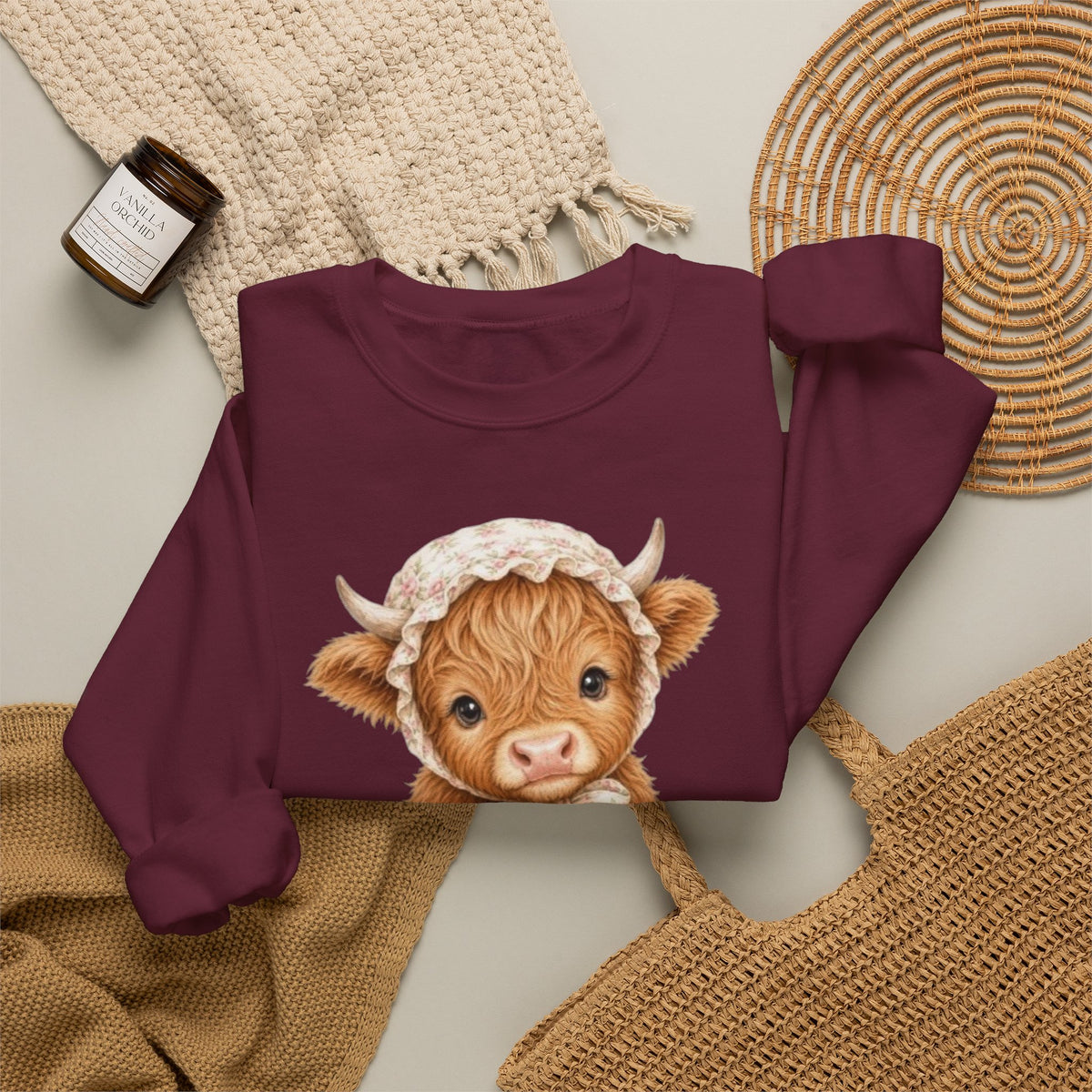 Sweatshirt mit Hochlandkalb und rosa Blumen