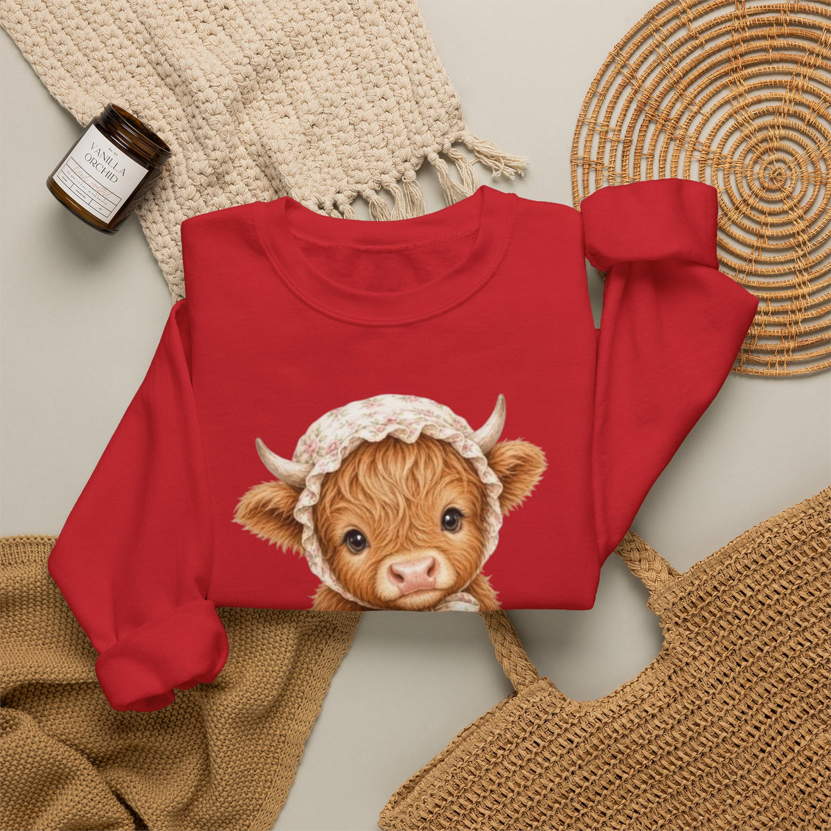 Sweatshirt mit Hochlandkalb und rosa Blumen