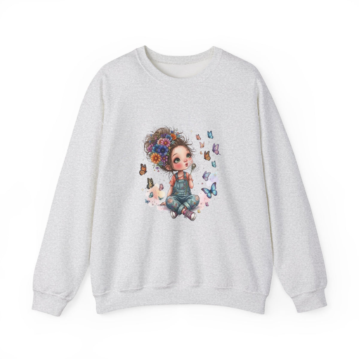 Sweatshirt mit Mädchen-Motiv, Blumen und Schmetterlingen