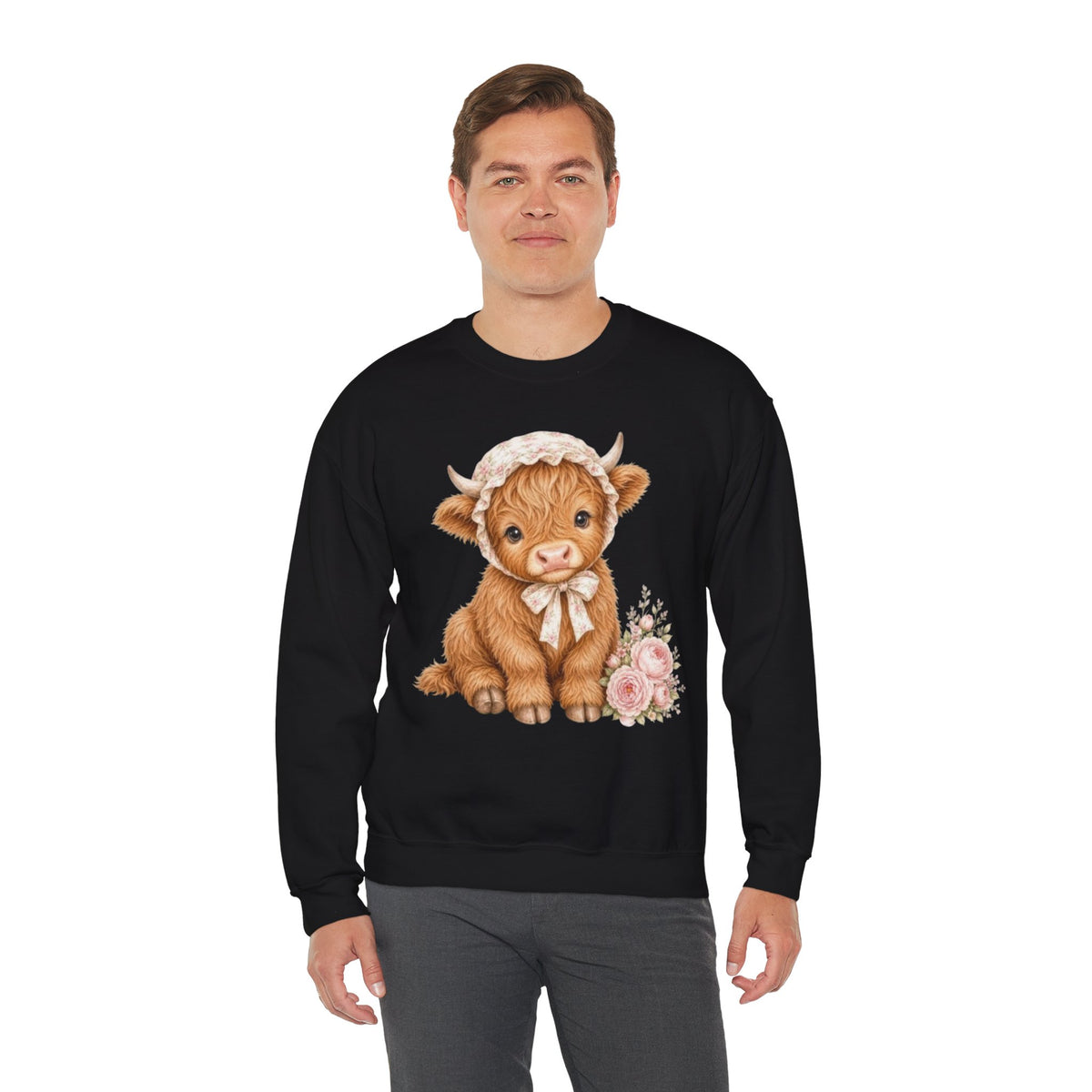 Sweatshirt mit Hochlandkalb und rosa Blumen