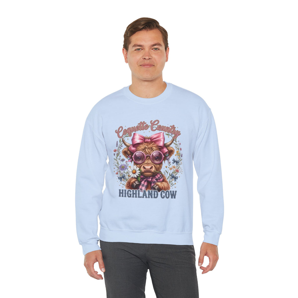 Sweatshirt mit Hochlandrind, rosa Schleife und Sonnenbrille