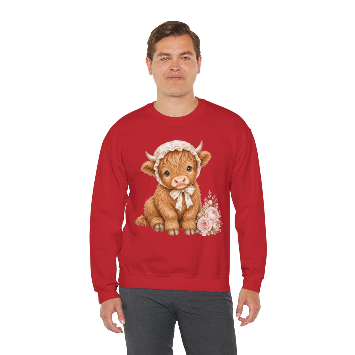 Sweatshirt mit Hochlandkalb und rosa Blumen