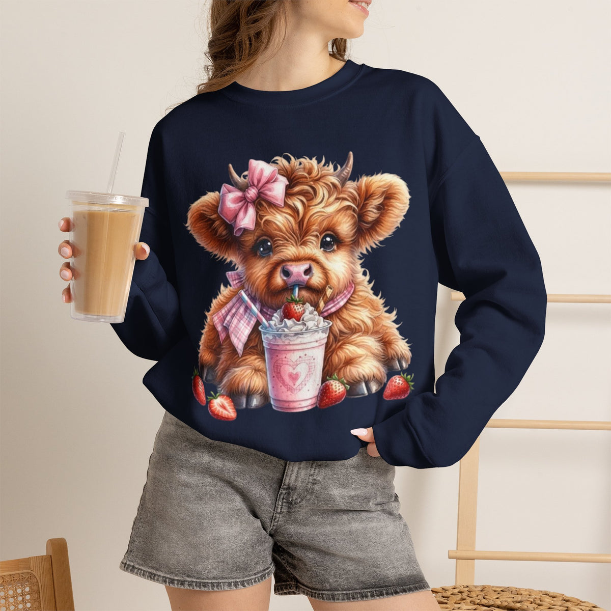 Sweatshirt mit Hochlandkalb und Erdbeerdrink