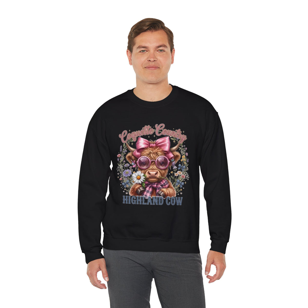 Sweatshirt mit Hochlandrind, rosa Schleife und Sonnenbrille
