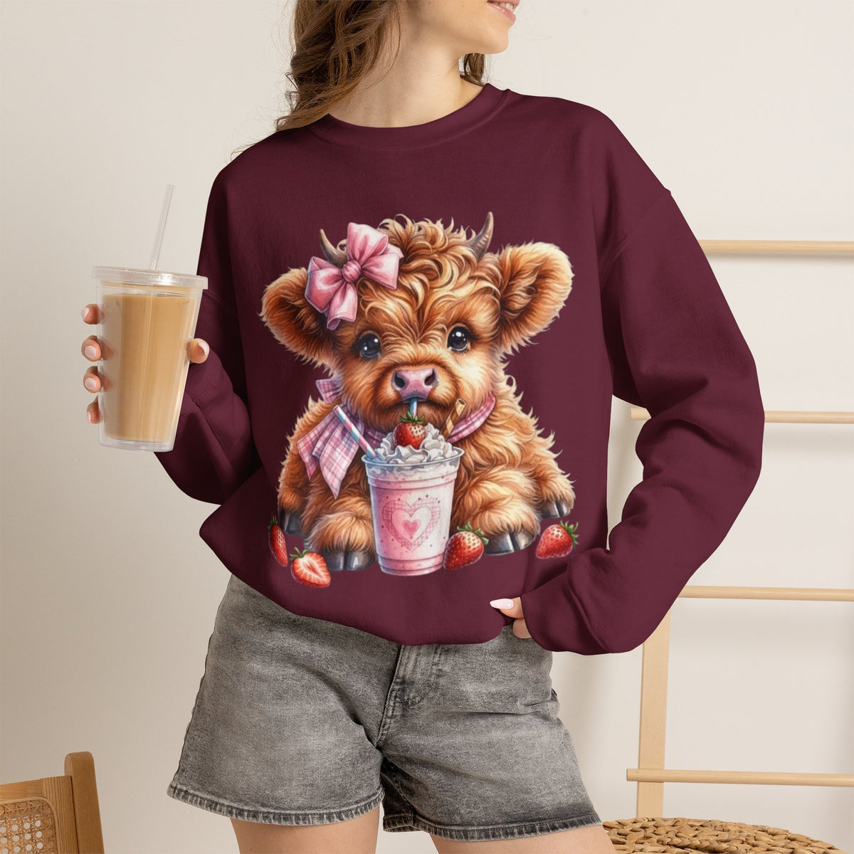 Sweatshirt mit Hochlandkalb und Erdbeerdrink